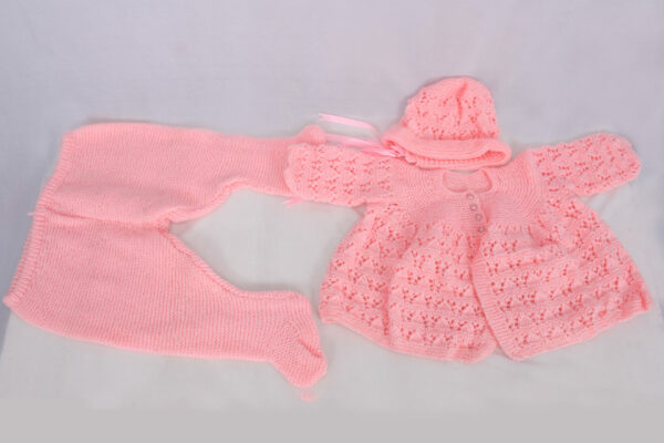 Pink Baby sweater set, complete with sweater, leggings and cap